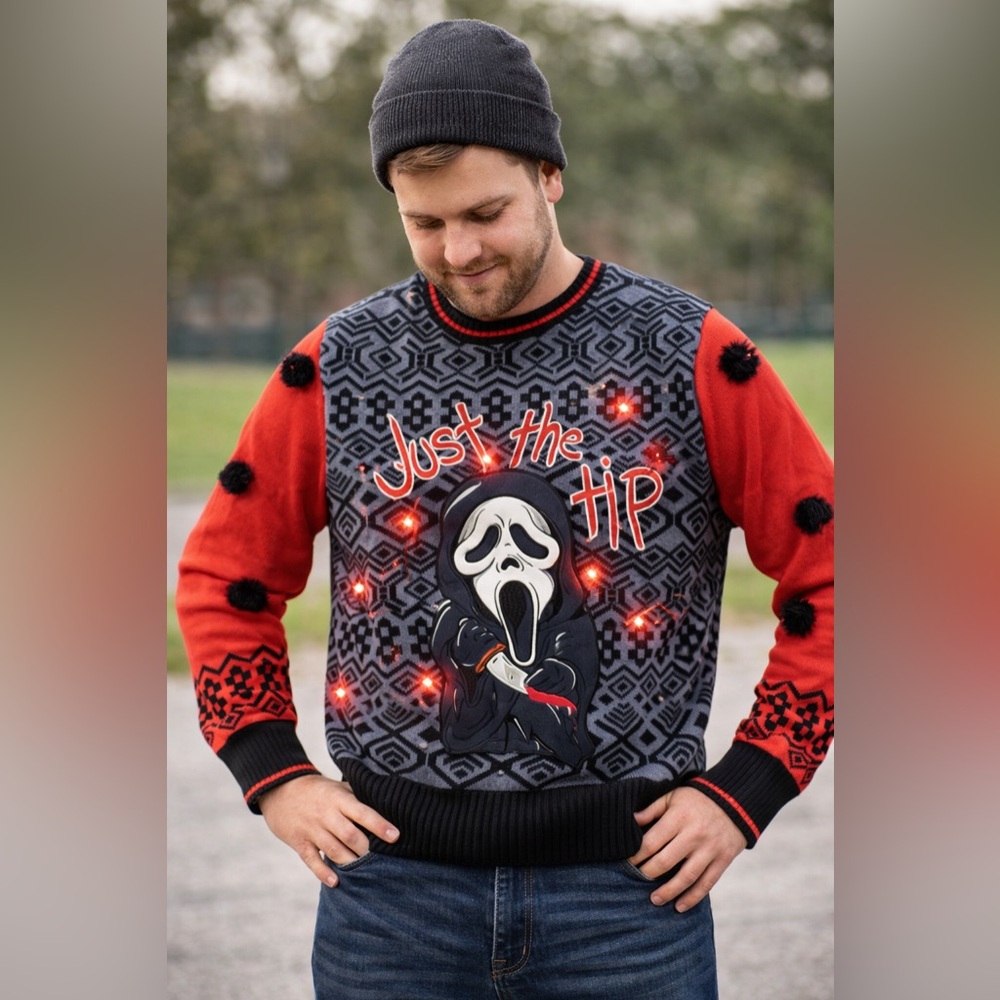 Spencer’s Ghost Face Just the Tip Light Up Sweater XL Scream Horror Christmas - Picture 2 of 13